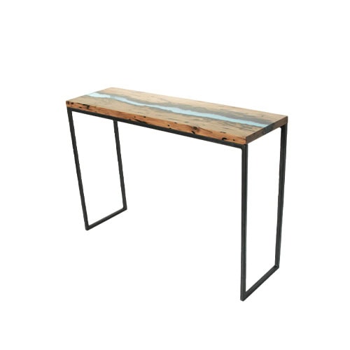 A console table that merges rustic wood with translucent resin, creating a river-like visual effect. Its slim frame and minimal design make it an elegant accent for hallways or living spaces.