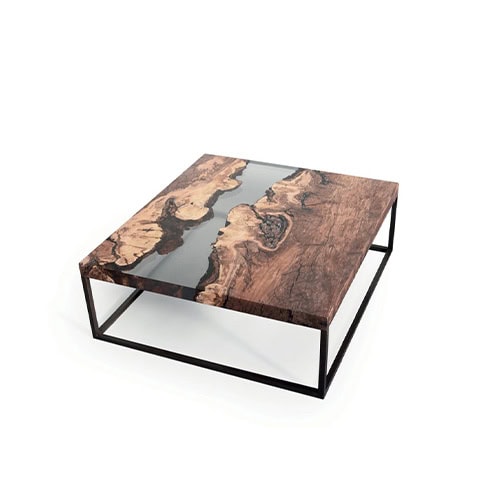 The Creek Low Table highlights the raw beauty of natural wood, encased in a sleek resin surface with a river-like flow. Its square metal frame base provides balance and stability, making it a bold yet refined centerpiece.