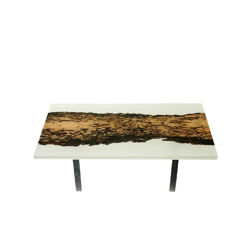 The Foggy Coffee Table combines a white resin base with a richly textured wood insert, highlighting natural grain patterns and bark edges. Its sleek form and striking contrast create a bold centerpiece for contemporary interiors.