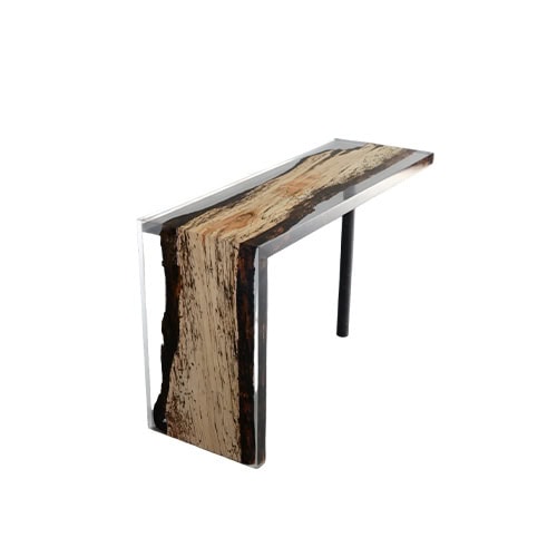 The Fungi Console Table combines natural wood marked by organic textures with crystal-clear resin edges, creating a striking visual balance. Its slim profile and clean lines make it a functional yet sculptural accent for any space.
