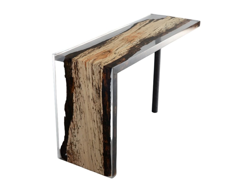A striking console table combining natural fungi-textured wood with clear resin, creating a dramatic floating effect. Its slim, elongated form makes it ideal for entryways or living spaces with a modern organic style.
