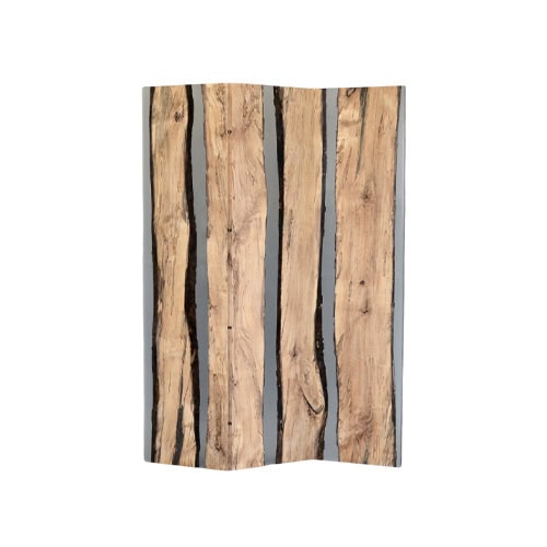 This screen features vertical slabs of spalted wood preserved in clear resin, showcasing their organic grain and texture. The slightly curved form adds depth, making it a striking sculptural partition.
