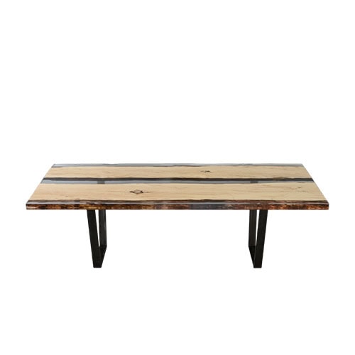 Crafted with spalted wood encased in crystal-clear resin, this dining table highlights organic textures framed by clean, modern lines. Its bold contrast and geometric steel legs create a striking centerpiece with natural elegance.