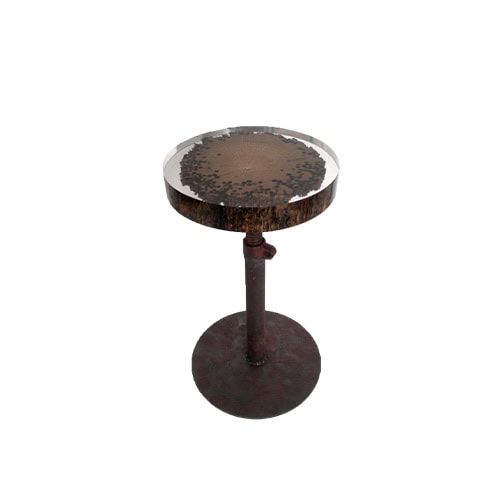 A stool blending organic textures with industrial design, the Mareale Stool features a preserved wood cross-section encased in resin, supported by a raw metal base for a striking, functional accent piece.