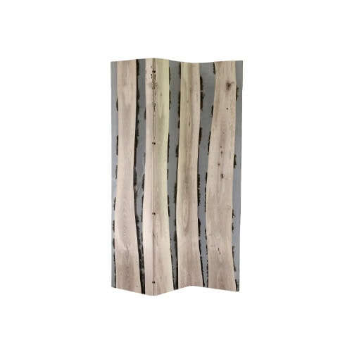 A sleek folding screen composed of vertical wooden slabs with striking grain, contrasted by muted tones in between. Its sculptural form and natural finish bring a refined yet organic touch to modern interiors.