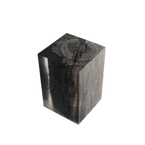 Peatland Stool shows ancient dark wood preserved in clear resin, forming a solid cube with visible rings and textures. Its bold contrast of raw nature and clean geometry makes it both functional and sculptural.