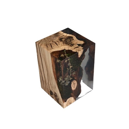 Stump Stool combines natural wood grain and moss preserved in resin, shaped into a clean cube. Its blend of raw texture and glossy clarity makes it both functional and sculptural.