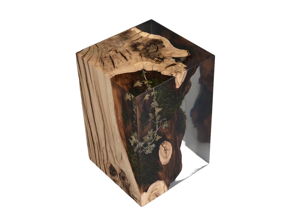 Stump Stool encloses raw wood with visible rings and moss within clear resin, forming a cubic seat. Its fusion of natural detail and polished surface creates a functional sculptural piece.