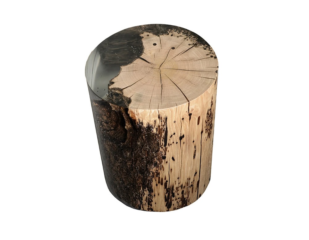 Surfacing Fisheye Stool combines natural wood with bark and rings sealed in resin, forming a cylindrical seat. The glossy surface enhances organic textures, giving it a refined sculptural look.
