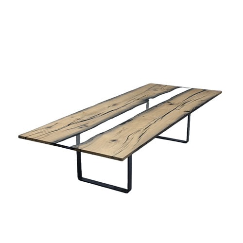 Wetland Dining Table combines dual wood planks with a transparent resin channel, creating a striking visual depth. Supported by slim metal legs, it balances organic character with modern design.
