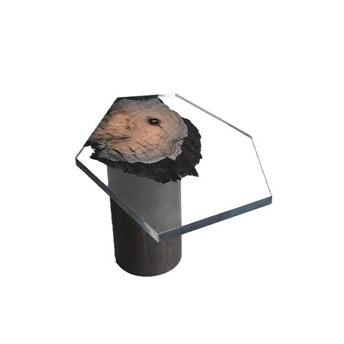 Wetland Side Table presents a striking blend of raw wood and resin. Its hexagonal top showcases a natural stump cross-section, supported by a cylindrical base for a bold, sculptural accent.