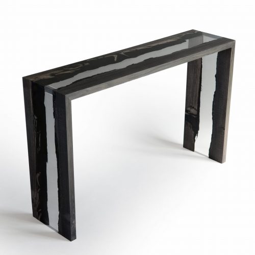 wooden console of a dark brown tone with resin in the middle on a white background