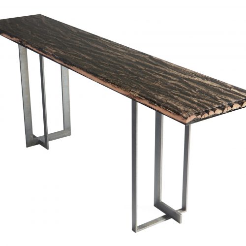 bench made of dark brown wooden trunk base and base made of two black steel legs on a white background