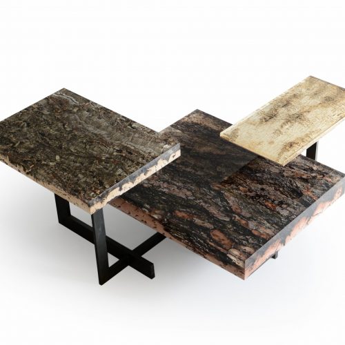 side table made of wood and steel in a brown tone from different woods on a white background