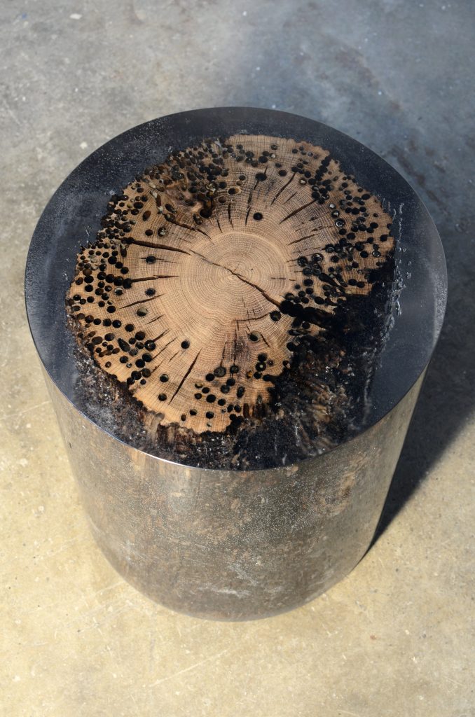 Fisheye Stool/Side Table with a rounded shape, made of solid wood with a natural finish, set against a gray background.