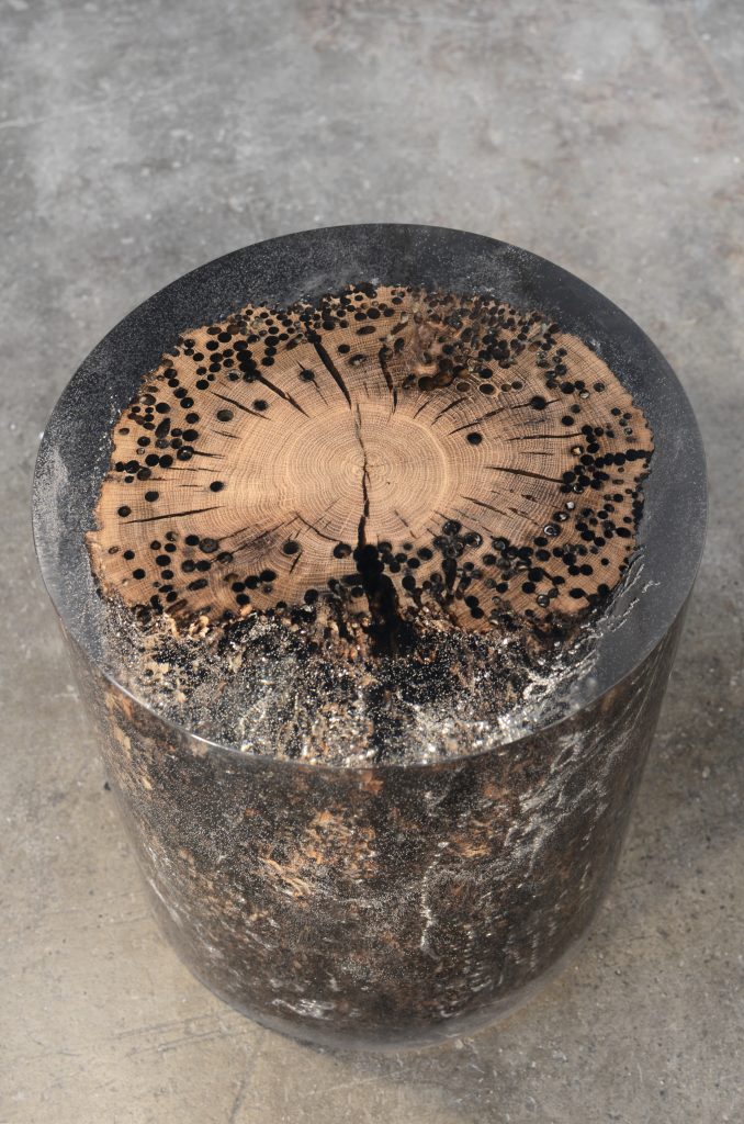 Fisheye Stool/Side Table with a rounded shape, made of solid wood with a natural finish, set against a gray background.