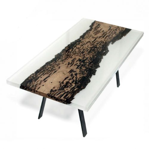 oggy Coffee Table with a rectangular shape, featuring a translucent glass top and wooden legs with a natural finish, set against a white background.