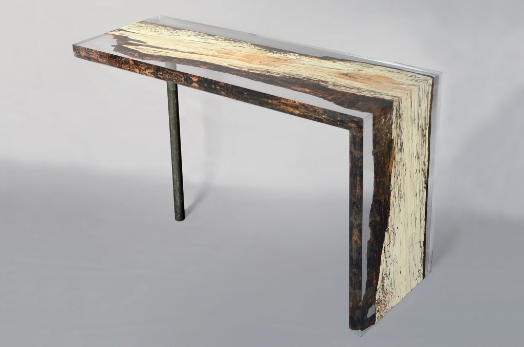 Fungi Console with an elongated, rectangular shape, made of wood with a natural finish and featuring a transparent resin inlay, set against a white background.