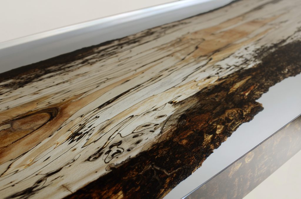 Closeup of Fungi Console with an elongated, rectangular shape, made of wood with a natural finish and featuring a transparent resin inlay, set against a white background.