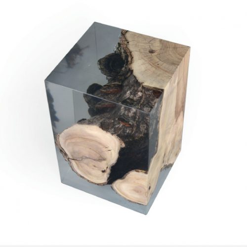 Fungi Stool/Side Tables with organic, rounded shapes, made of wood with a natural finish and featuring transparent resin inlays, set against a white background.