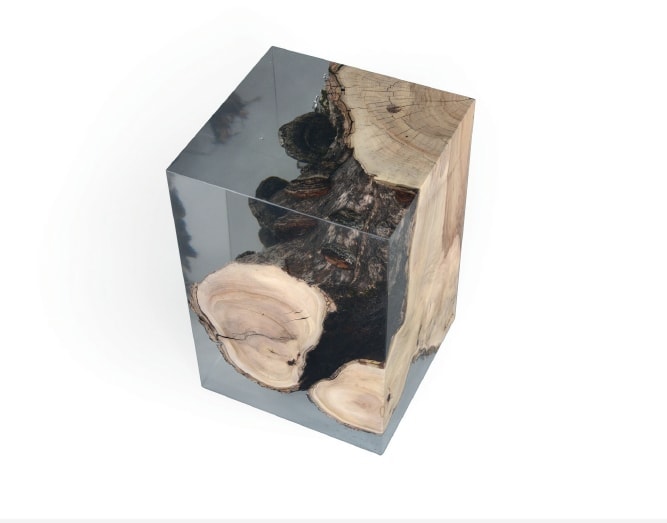 Fungi Stool/Side Tables with organic, rounded shapes, made of wood with a natural finish and featuring transparent resin inlays, set against a white background.
