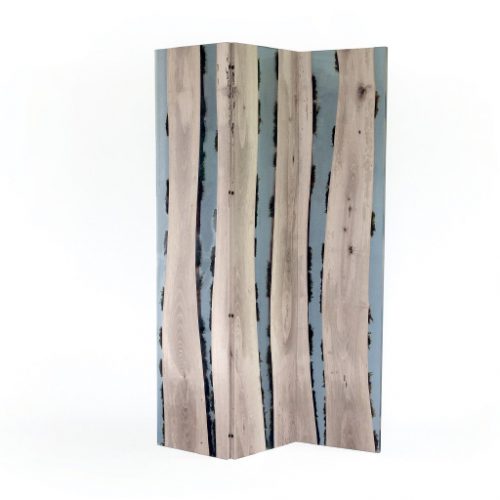 Moss Screen featuring a panel design, made of natural wood with a transparent resin inlay, set against a white background.