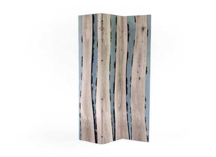 Moss Screen featuring a panel design, made of natural wood with a transparent resin inlay, set against a white background.