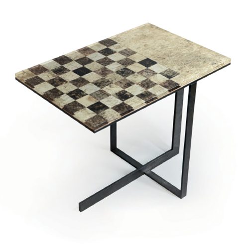 side table made of wood and stone base with a chess design in a tone of beige with coffee on a white background