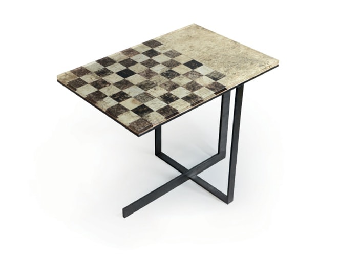 side table made of wood and stone base with a chess design in a tone of beige with coffee on a white background