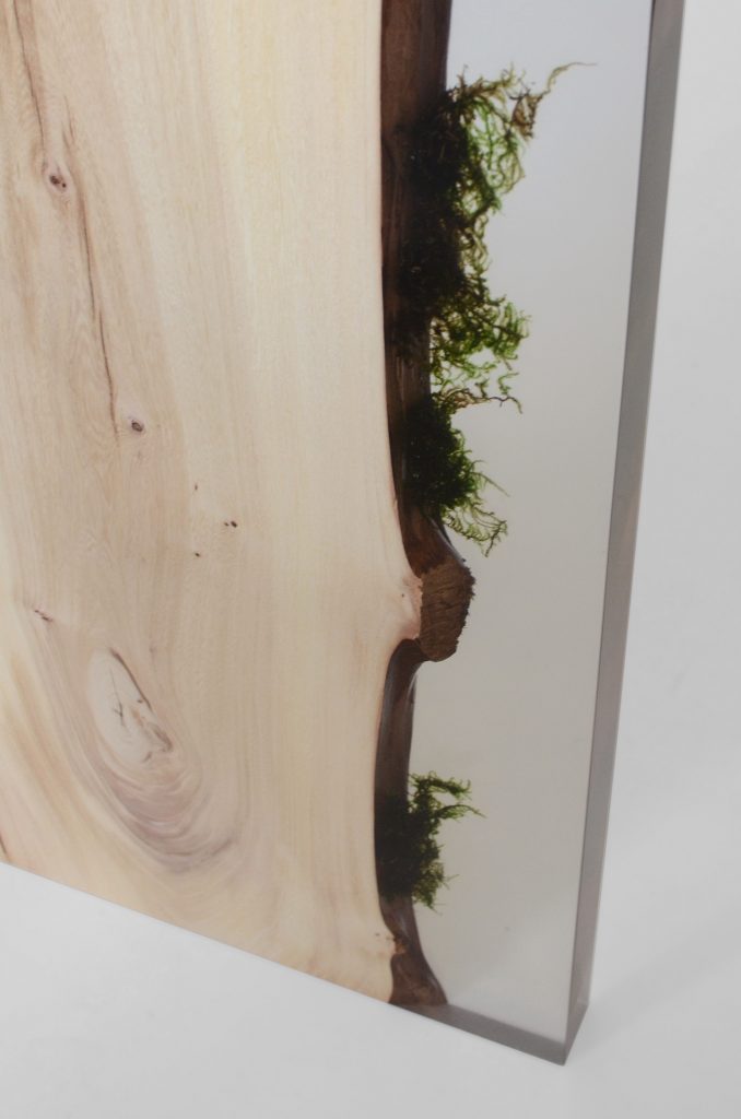 table made with alcarol resin based on a tree and light walnut wood on a gray background