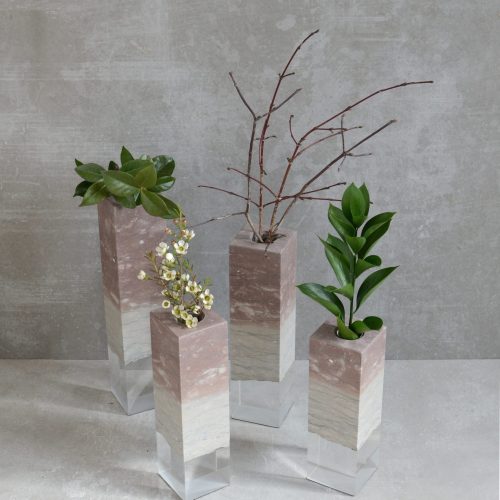Four Dolomyth Vase with a rectangular design, made of white and orange stone with with a transparent resin inlay, set against a white background.