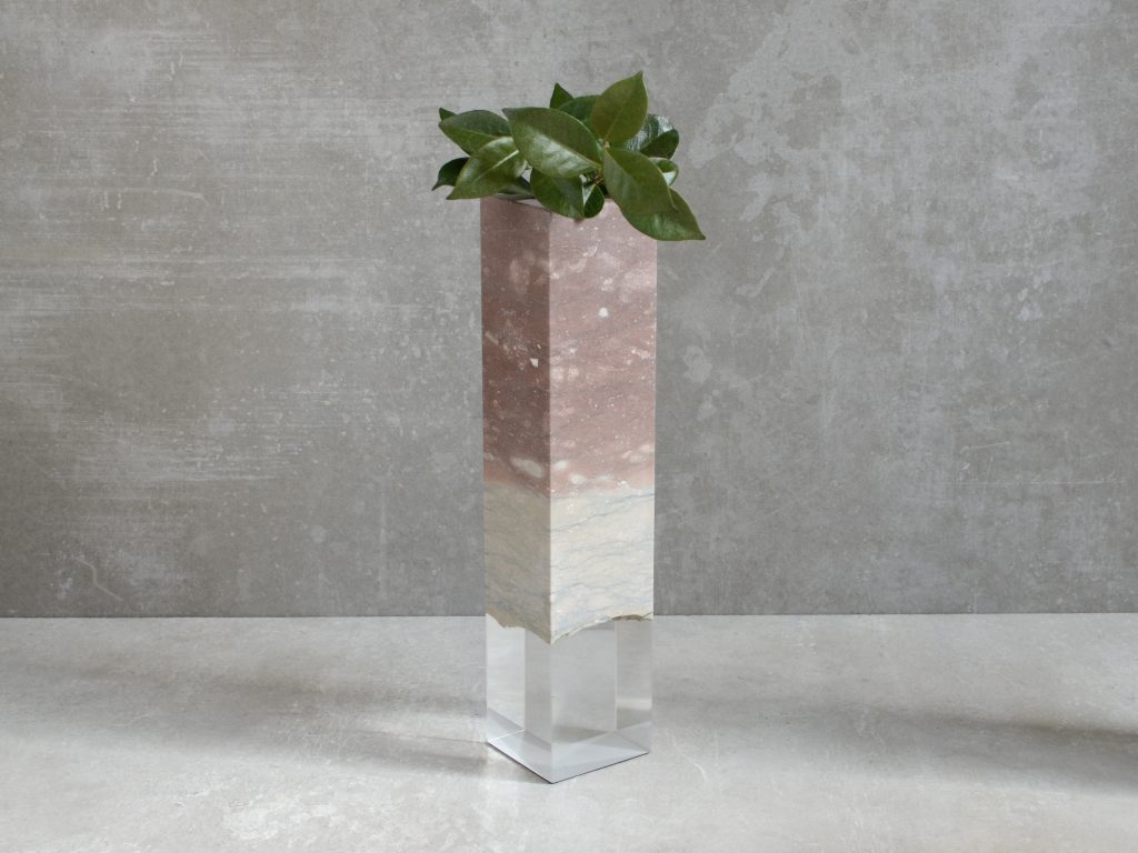 Dolomyth Vase with a rectangular design, made of white and orange stone with a transparent resin inlay, set against a white background.