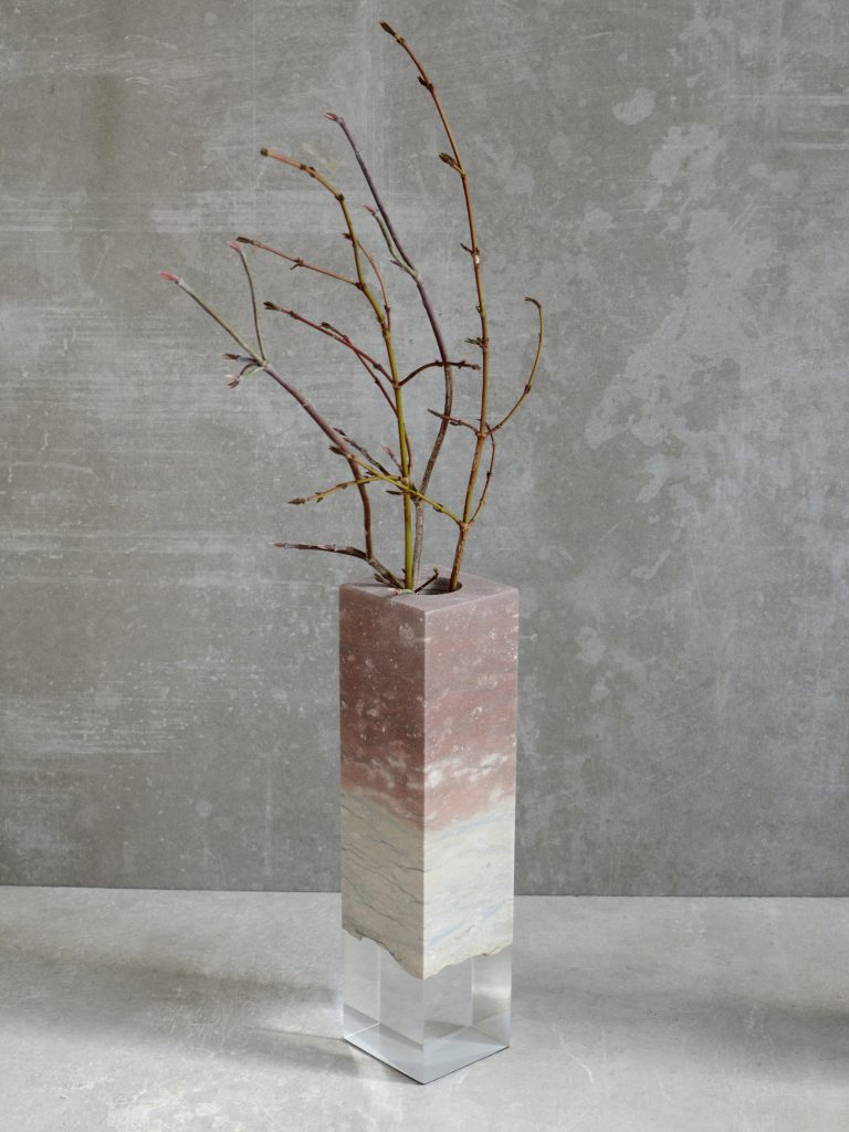 Dolomyth Vase with a rectangular design, made of white and orange stone with a transparent resin inlay, set against a white background.