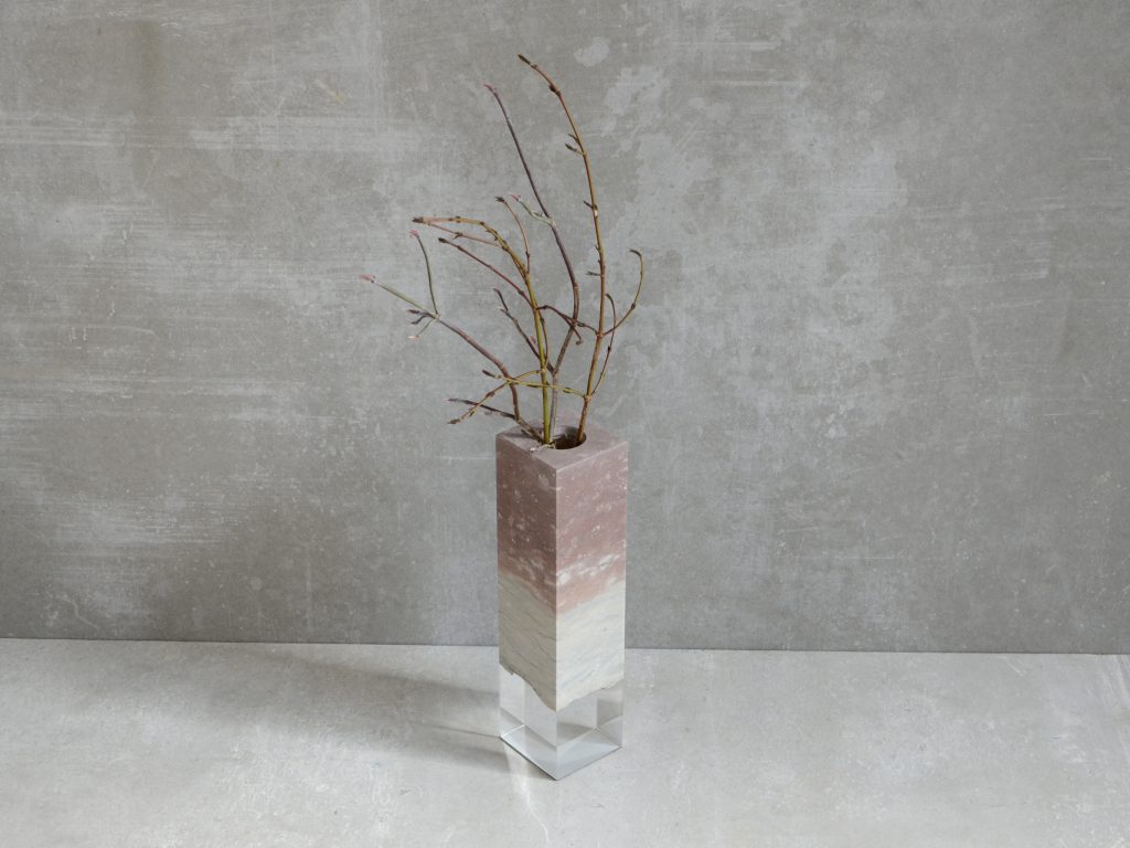 Dolomyth Vase with a rectangular design, made of white and orange stone with a transparent resin inlay, set against a white background.