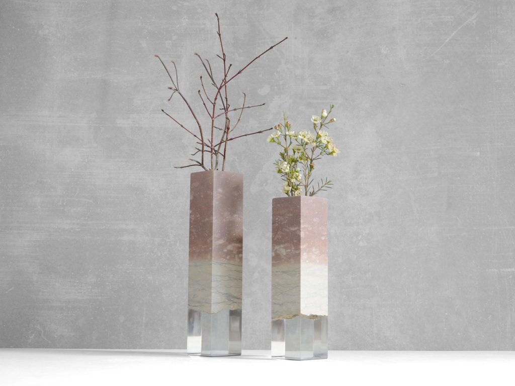 Two Dolomyth Vases with a rectangular design, made of white and orange stone with a transparent resin inlay, set against a gray background.
