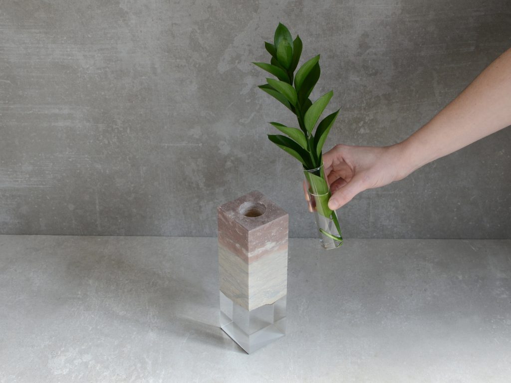 Dolomyth Vase with a rectangular design, made of white and orange stone with a transparent resin inlay, set against a white background.