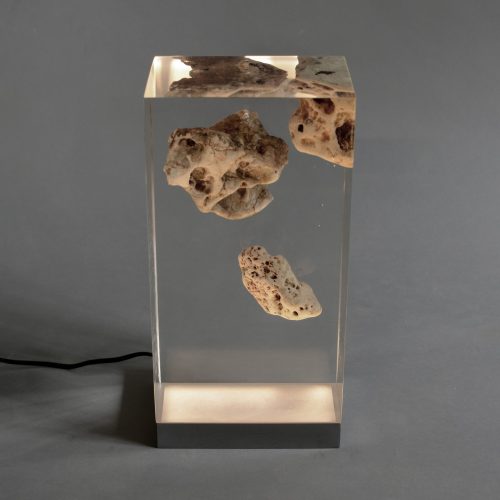Floating Karst Lamp with a rectangular shape, featuring a natural stone base with a transparent resin inlay and a white lampshade, set against a white background.