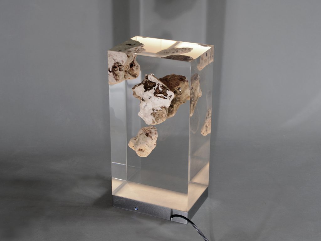 Floating Karst Lamp with a rectangular shape, featuring a natural stone base with a transparent resin inlay and a white lampshade, set against a white background.