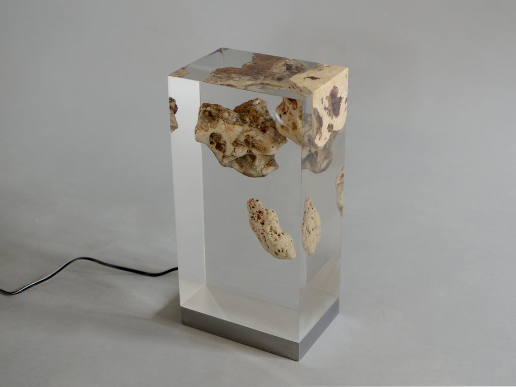 Floating Karst Lamp with a rectangular shape, featuring a natural stone base with a transparent resin inlay and a white lampshade, set against a white background.