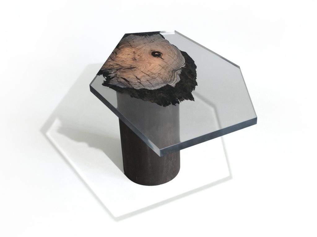 side table made of a brown wooden log and thick transparent glass top in the shape of a hexagon on a white background