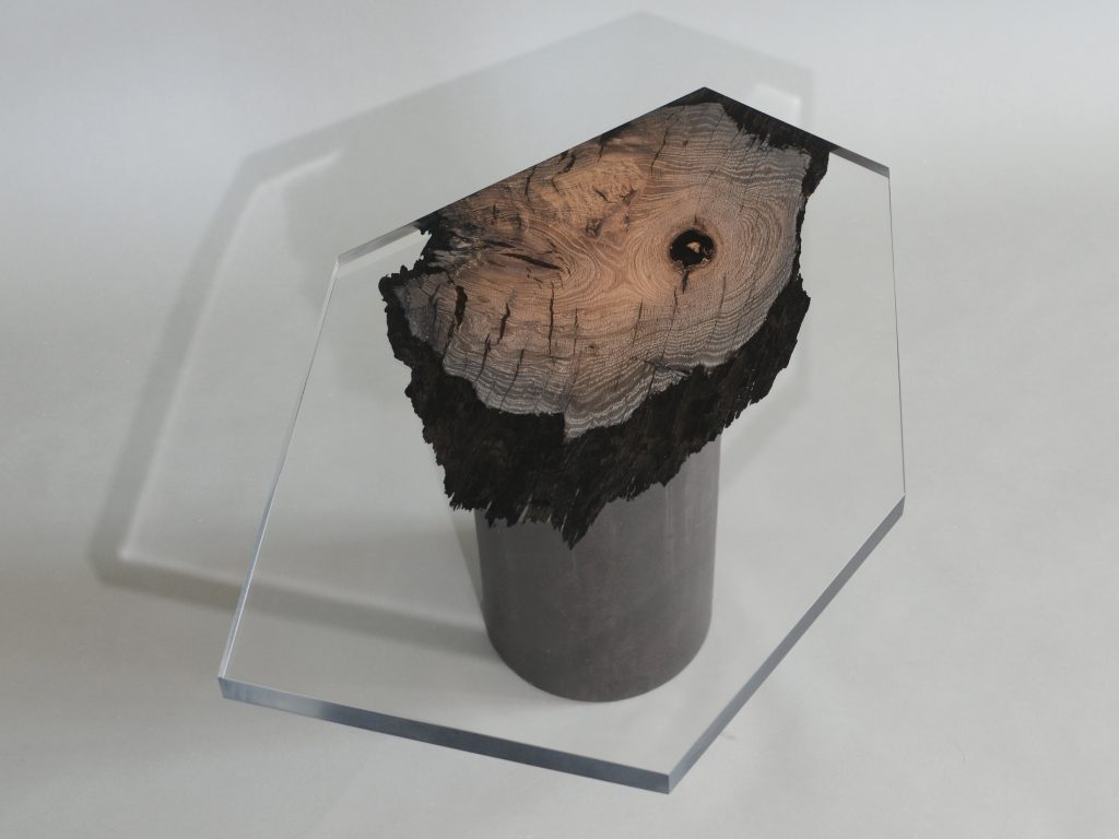 side table made of a brown wooden log and thick transparent glass top in the shape of a hexagon