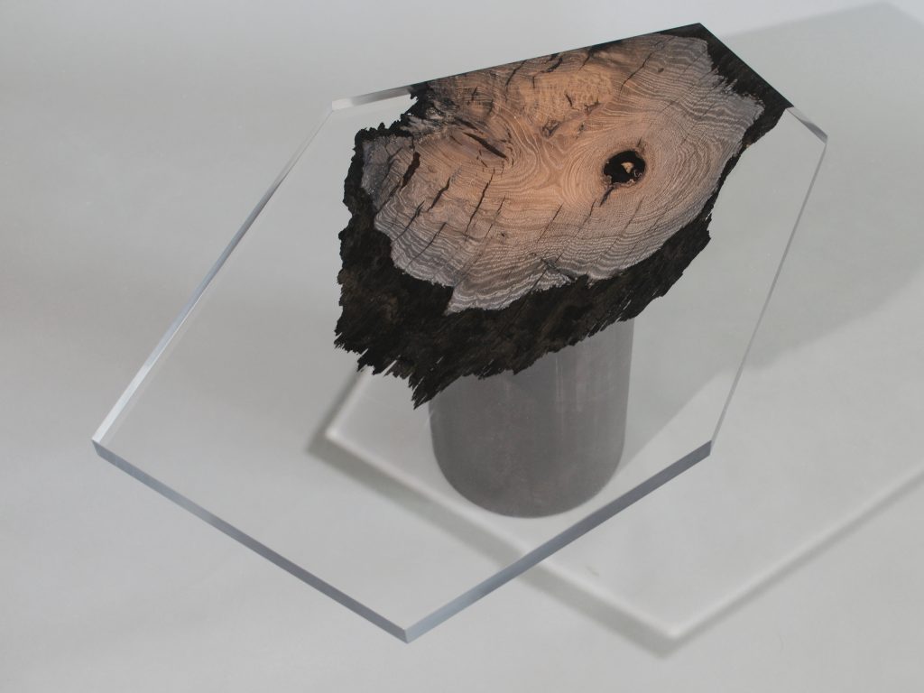 side table made of a brown wooden log and thick transparent glass top in the shape of a hexagon