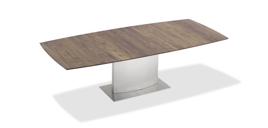 dining table made of gray steel and rectangular wood top in a white tone