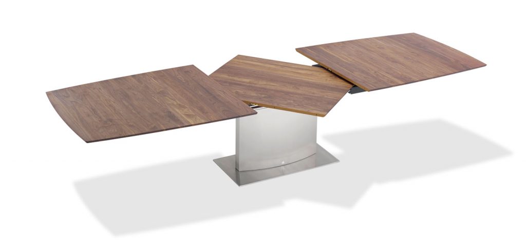 dining table made of gray steel and rectangular wood top in a white tone on a white background