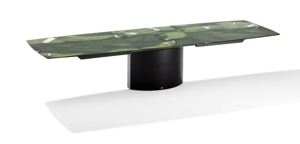 Rectangular extendable dining table made of wood and marble base in a green and black tone
