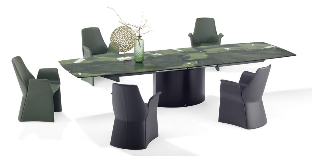 Rectangular extendable dining table made of wood and marble base in a green and black tone on a white background