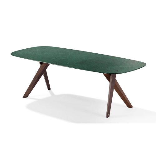 table made on the basis of wooden legs board made of lacquered wood in a dark green tone on a white background