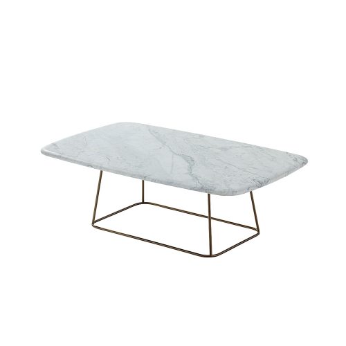 coffee table made of steel base and white marble top on a white background