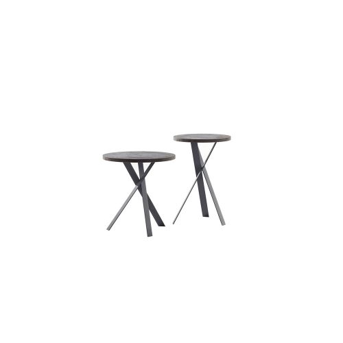 side table made with captive natural stone top with leather upholstered cushion in a gray tone on a white background
