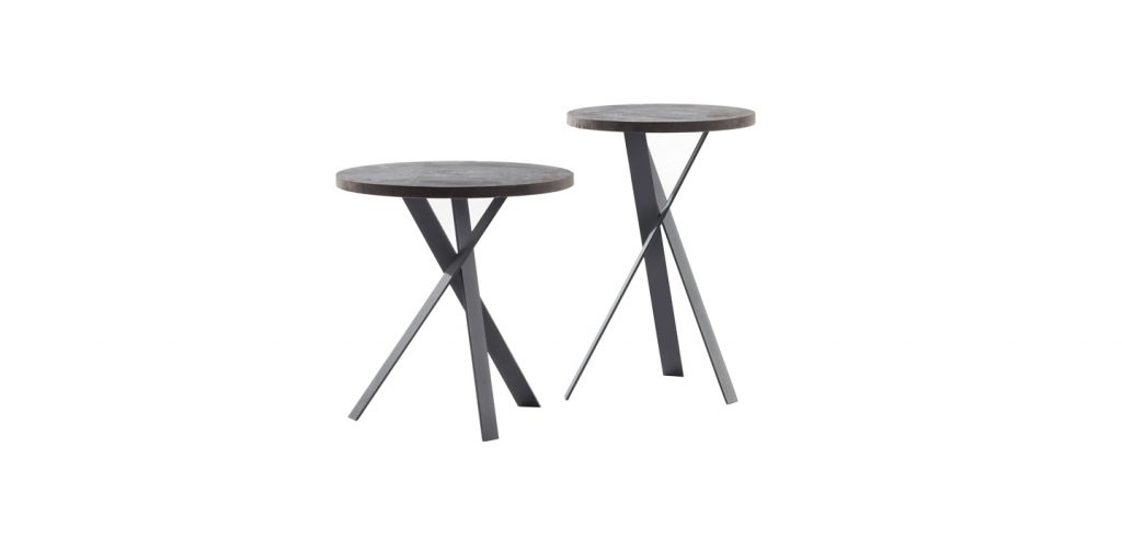 Two sides tables made with captive natural stone top with leather upholstered cushion in a gray tone on a gray background